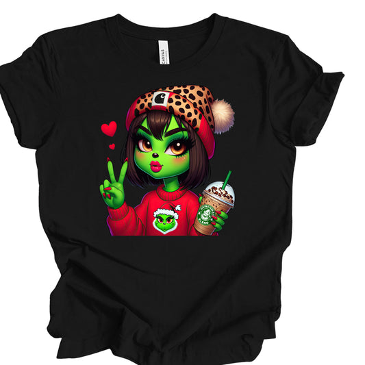 Grinchmas Brown Short Hair Grinchy Girl with Coffee T shirt