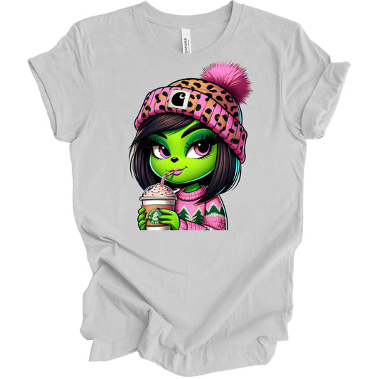 Grinchmas Brown Short Hair Grinchy Girl with Coffee T shirt