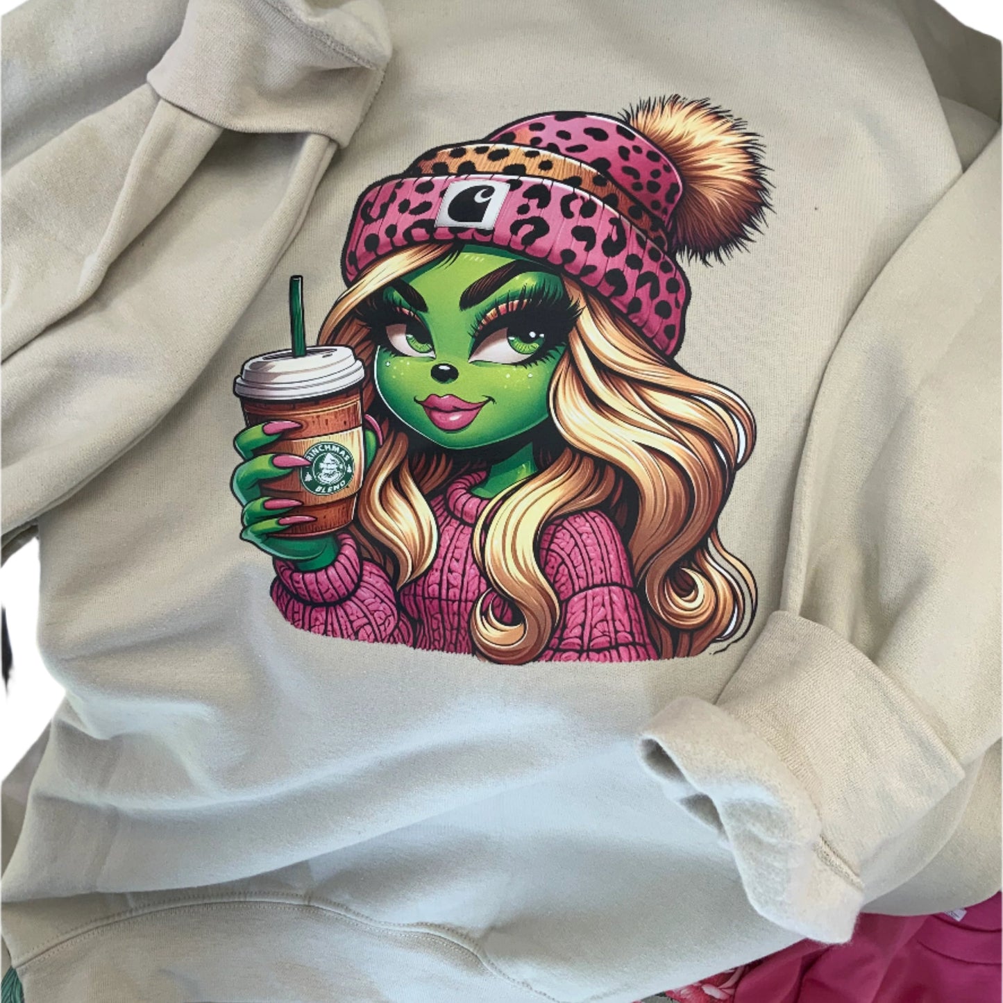 Bougie Blond Grinch Girl in Pink Sweatshirt