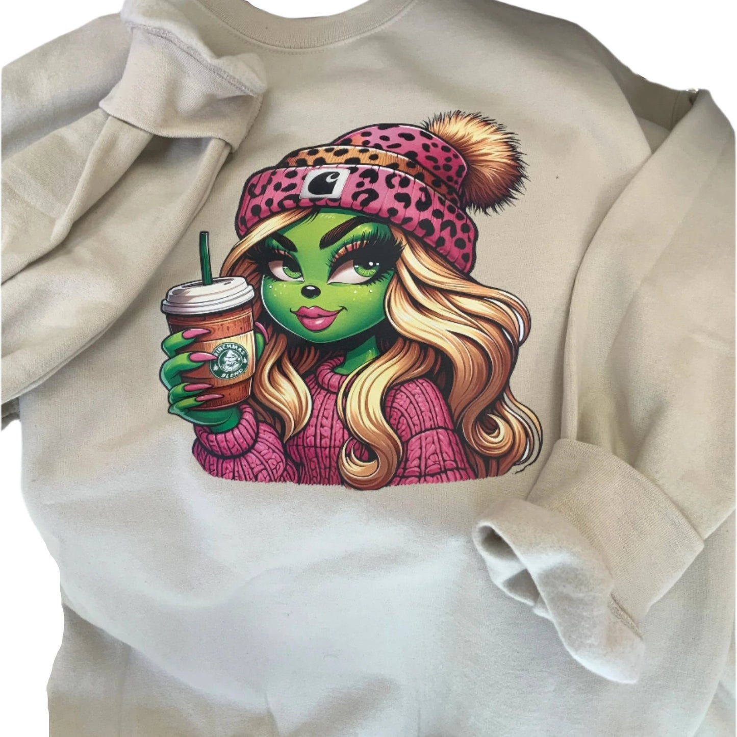 Bougie Blond Grinch Girl in Pink Sweatshirt