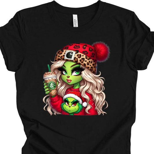 Grinchmas Blond Grinchy Girl with Coffee T shirt