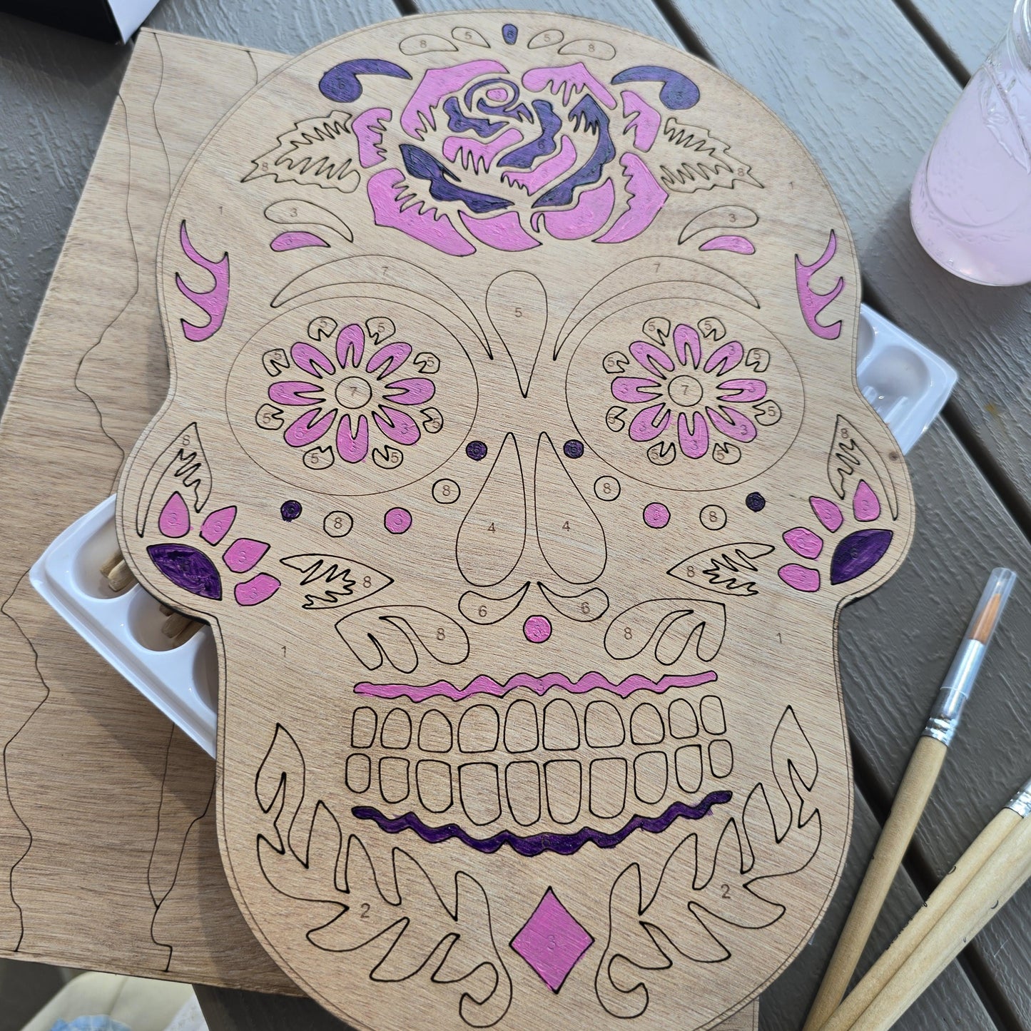 Sugar skull paint by numbers wood kit giftset