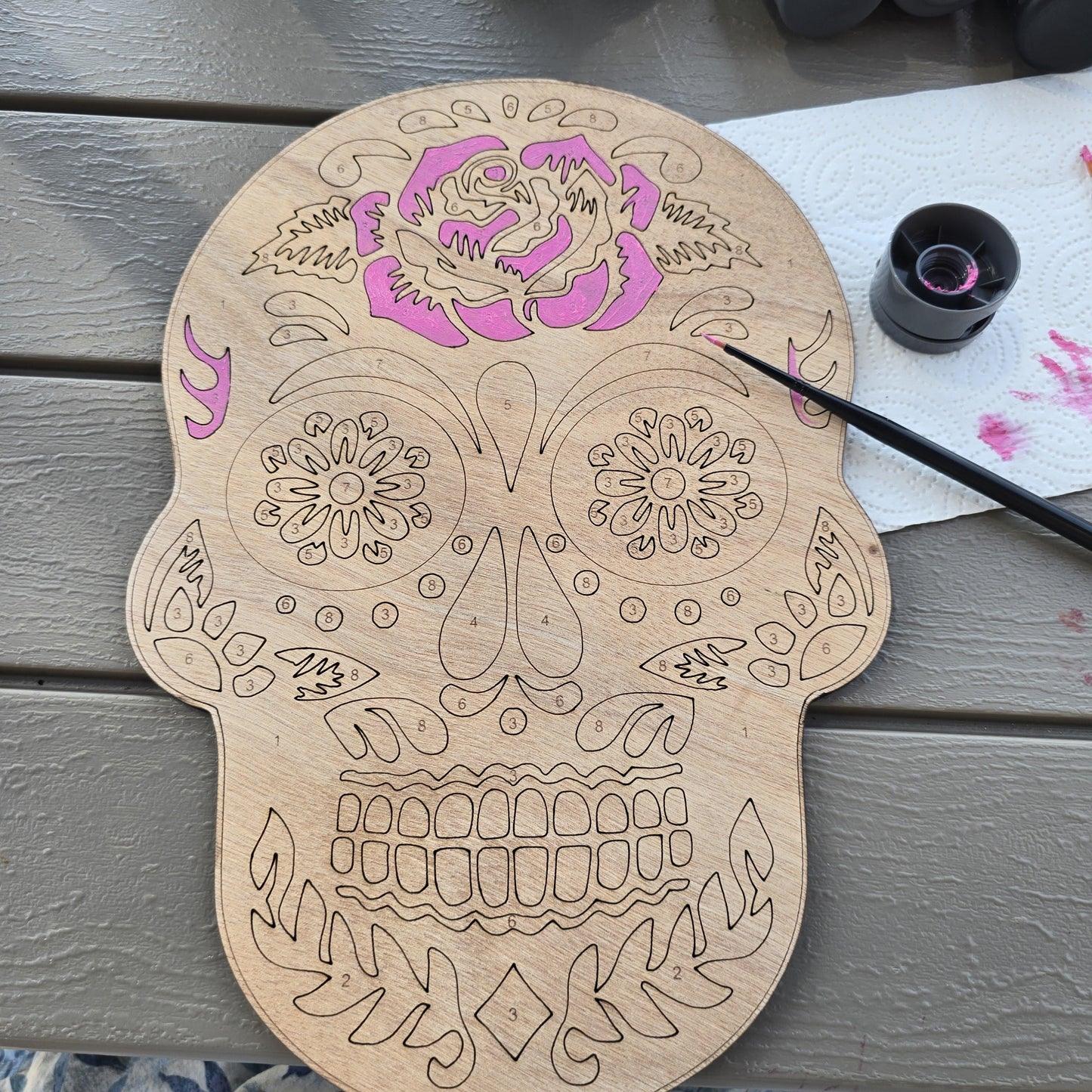 Sugar skull paint by numbers wood kit giftset