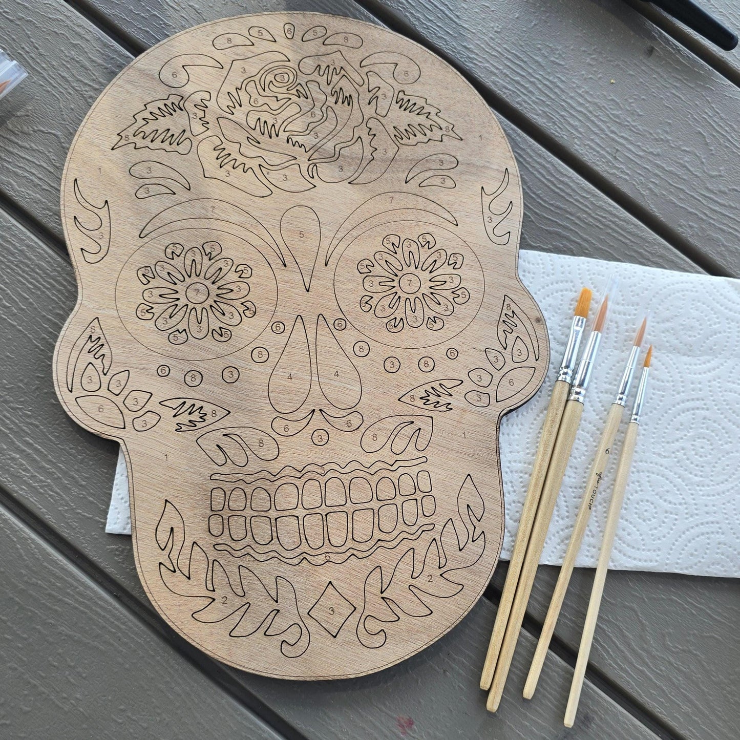 Sugar skull paint by numbers wood kit giftset