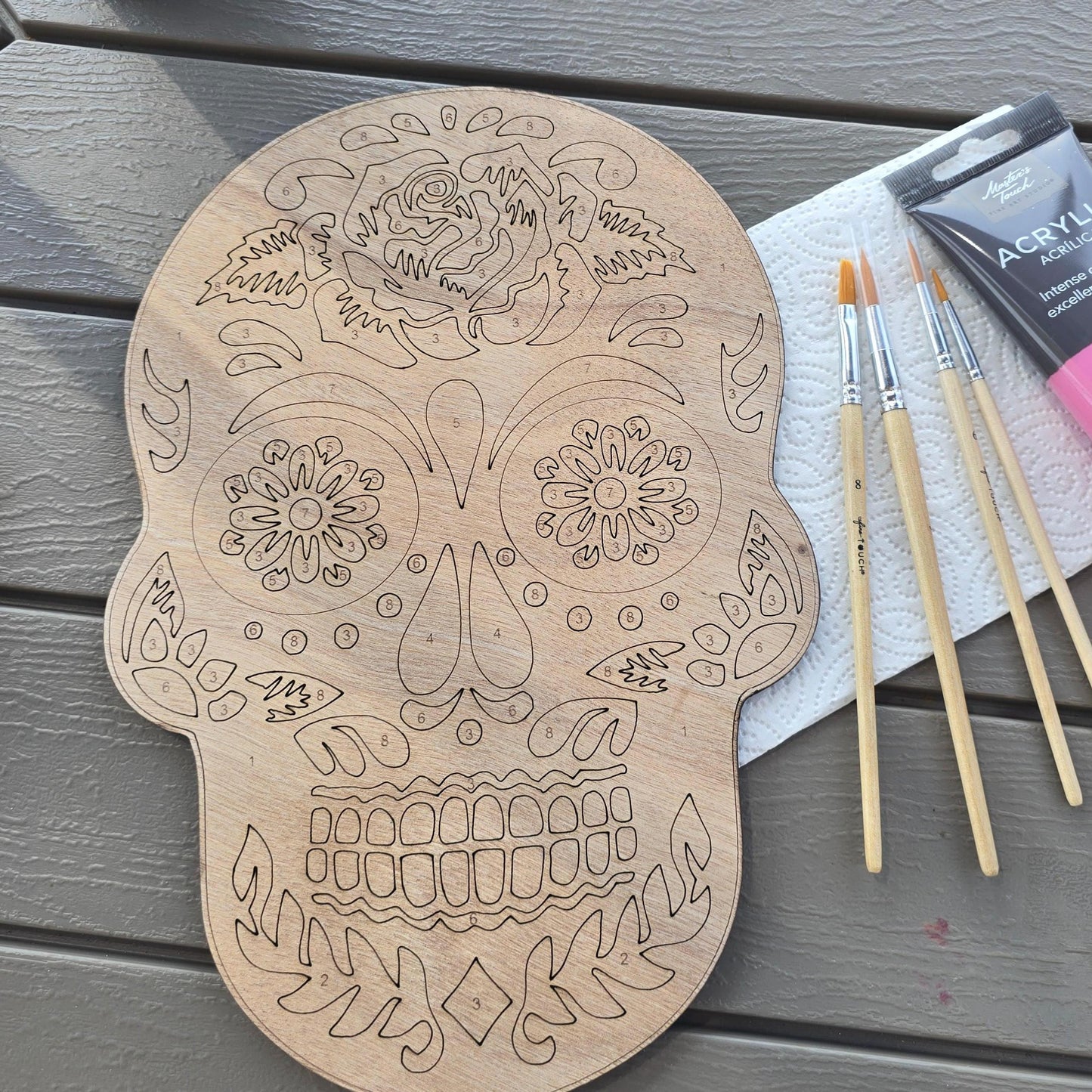 Sugar skull paint by numbers wood kit giftset